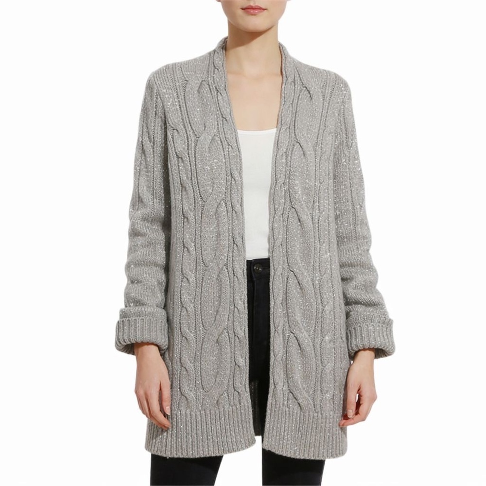 Lucky Brand Cardigan Womens XL Gray Cable Open Front Sweater Artsy Cottage Boho